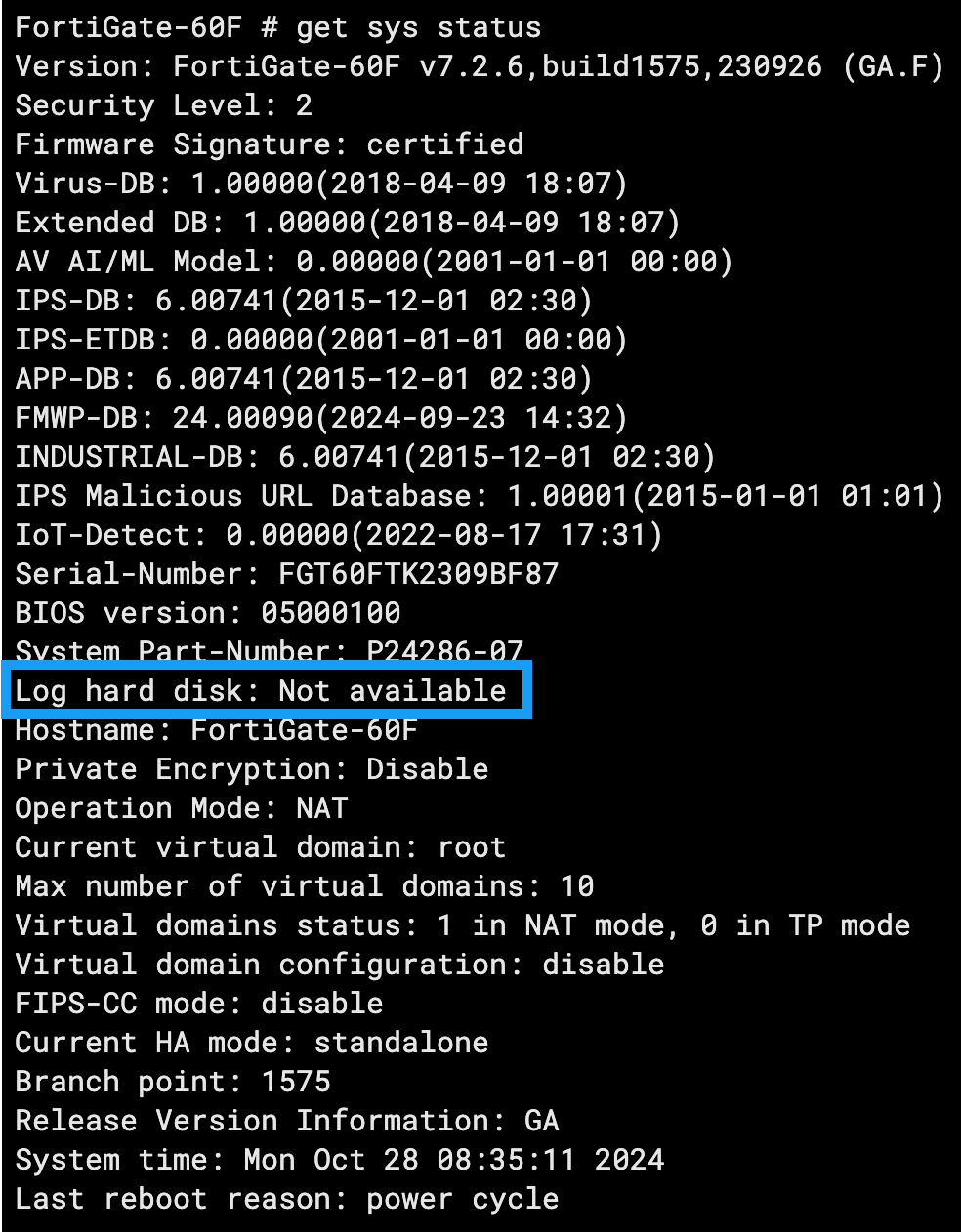Fortinet system status output showing memory-only logging