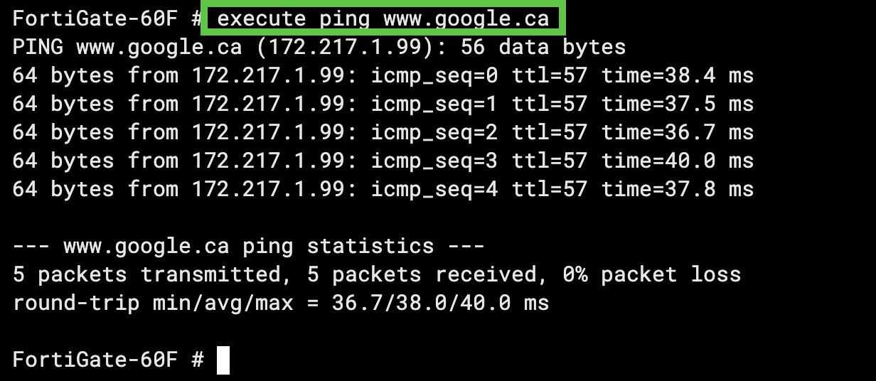 Ping command execution on Fortinet device