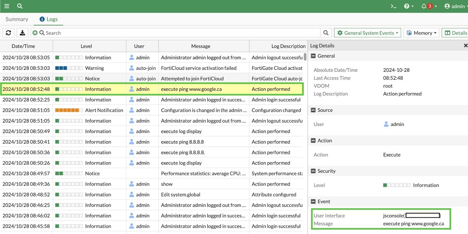 CLI event logging output