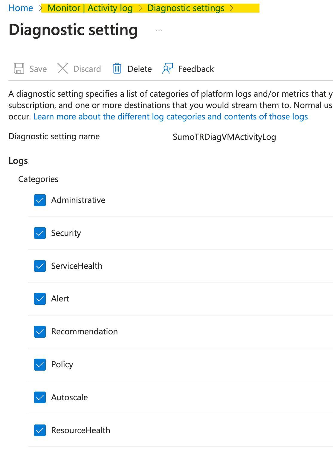Azure Monitor diagnostic settings for event hub
