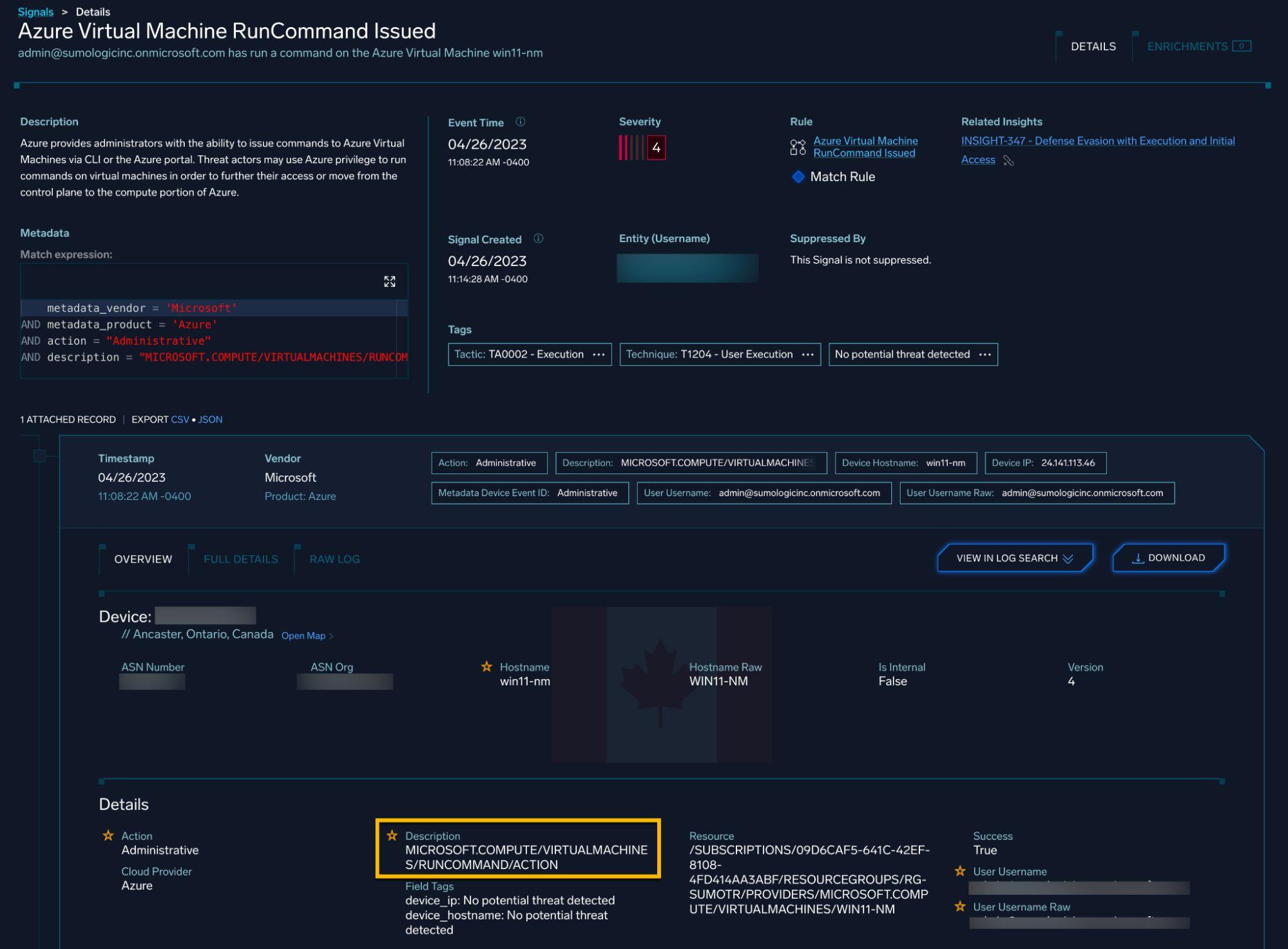 CloudSIEM VM run command alert