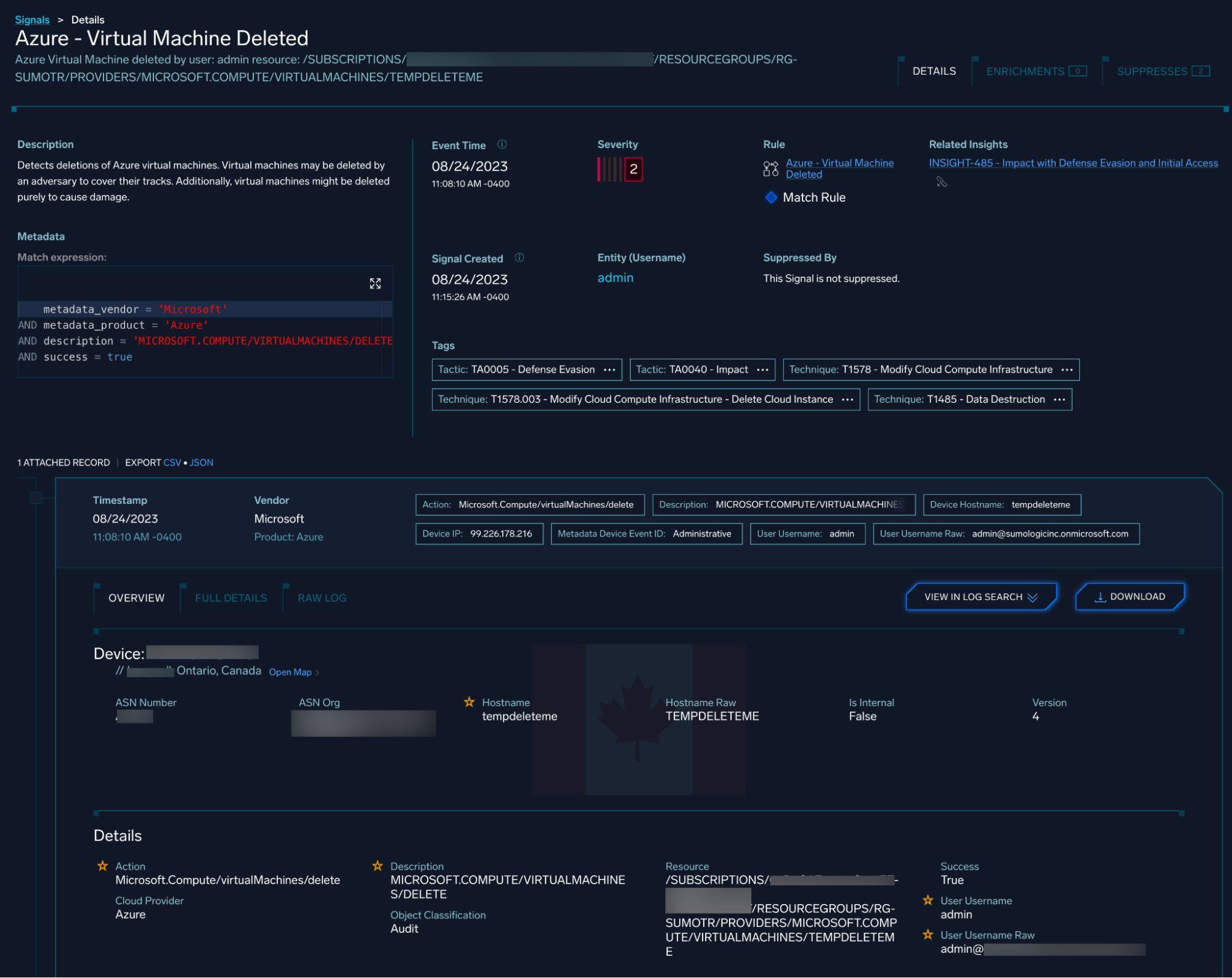 CloudSIEM VM deletion alert