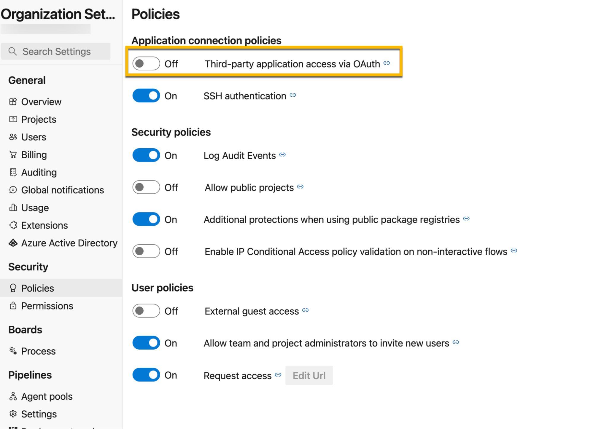 Azure DevOps OAuth policy settings