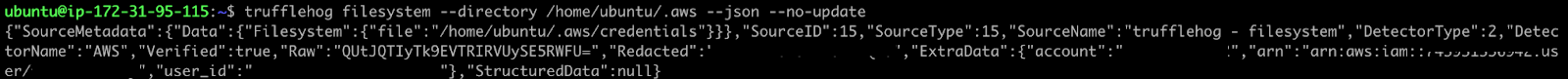 TruffleHog command output detecting AWS credentials