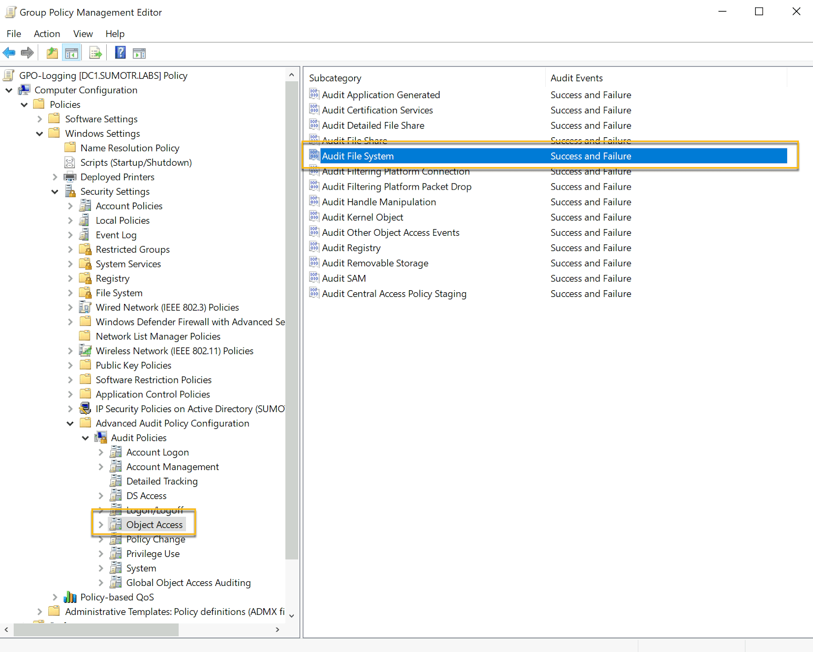 Group Policy Editor showing Audit File System setting