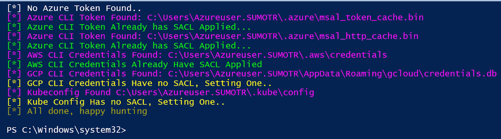 PowerShell script output showing SACL auditing