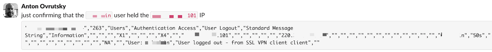 Image of a Slack message showing a logout event from a VPN appliance