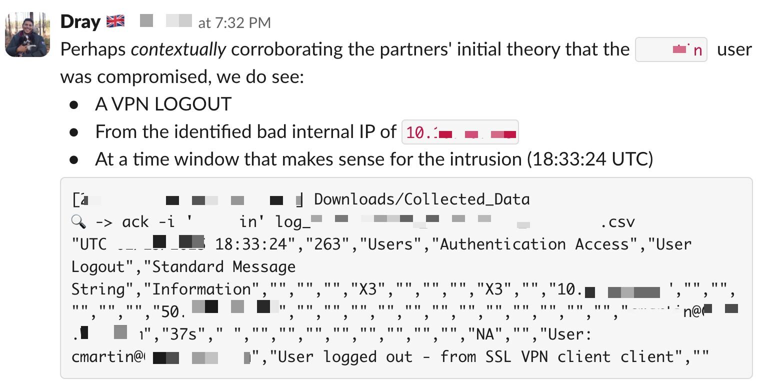 Image of Slack message showing analysis of VPN log without a login event present