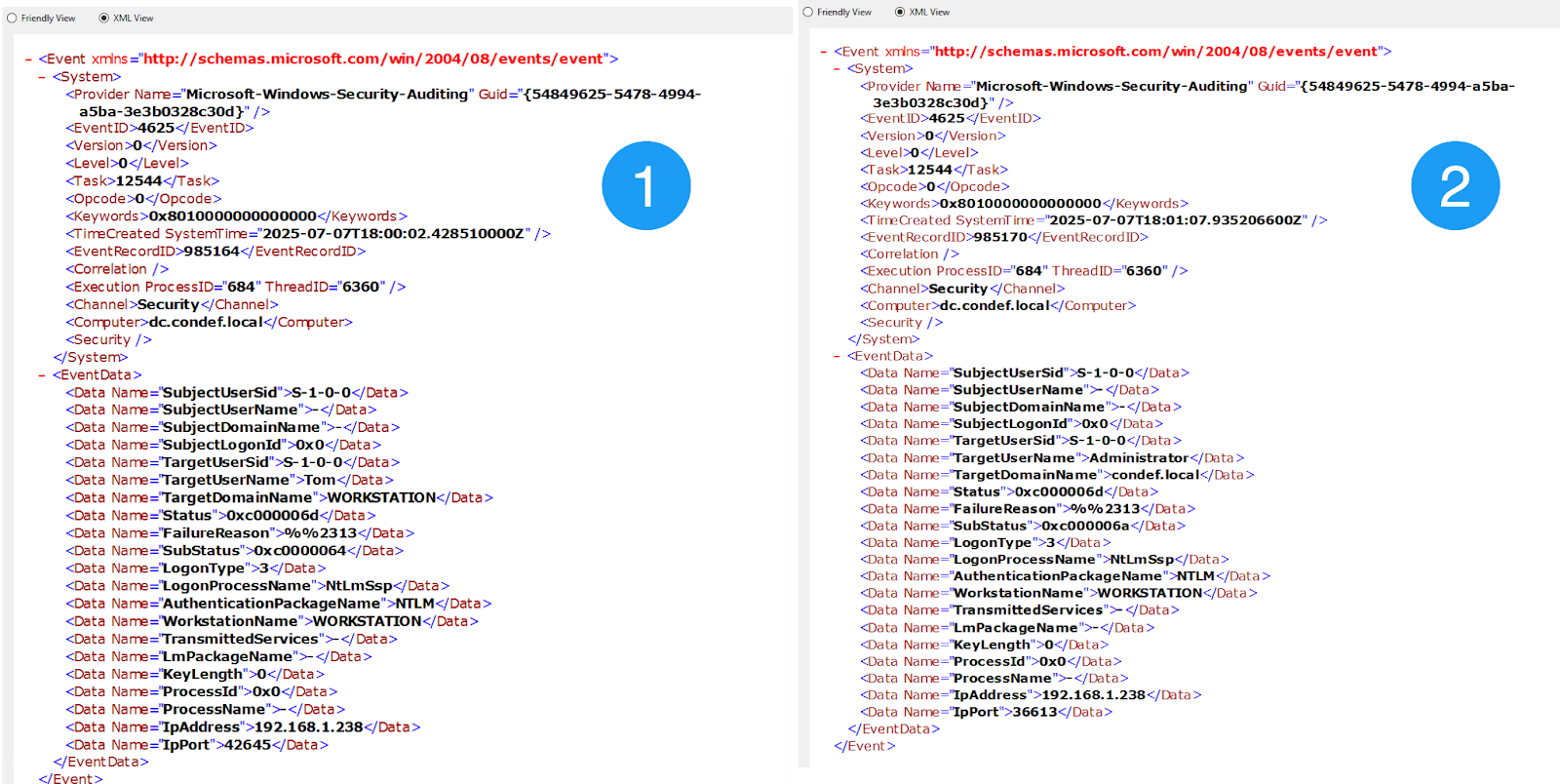 Two 4625 Windows security events