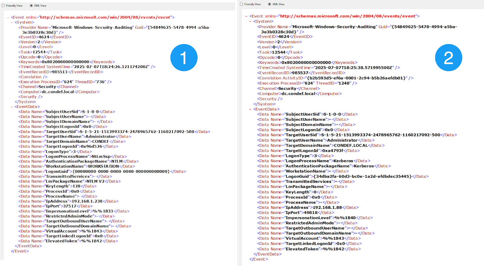Two Windows security 4624 event IDs side-by-side