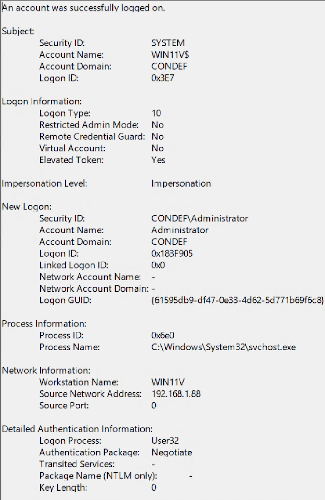 Windows event ID 4624 showing a successful RDP login