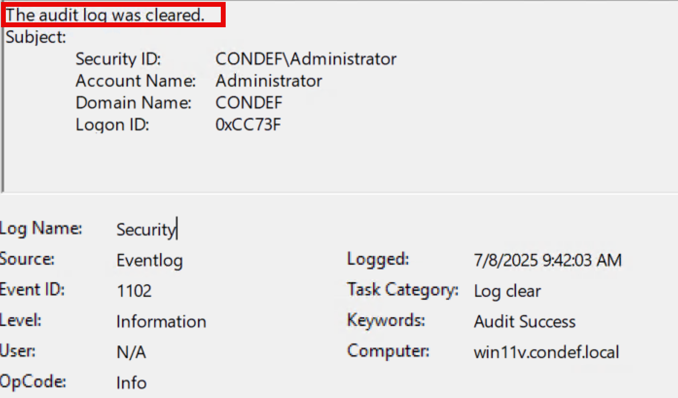 Event ID 1102 - Security log cleared
