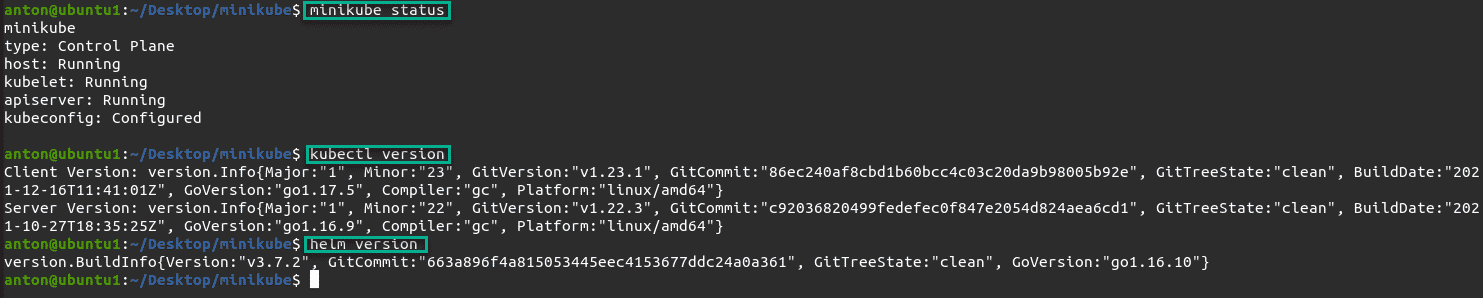 Minikube kubectl and Helm status