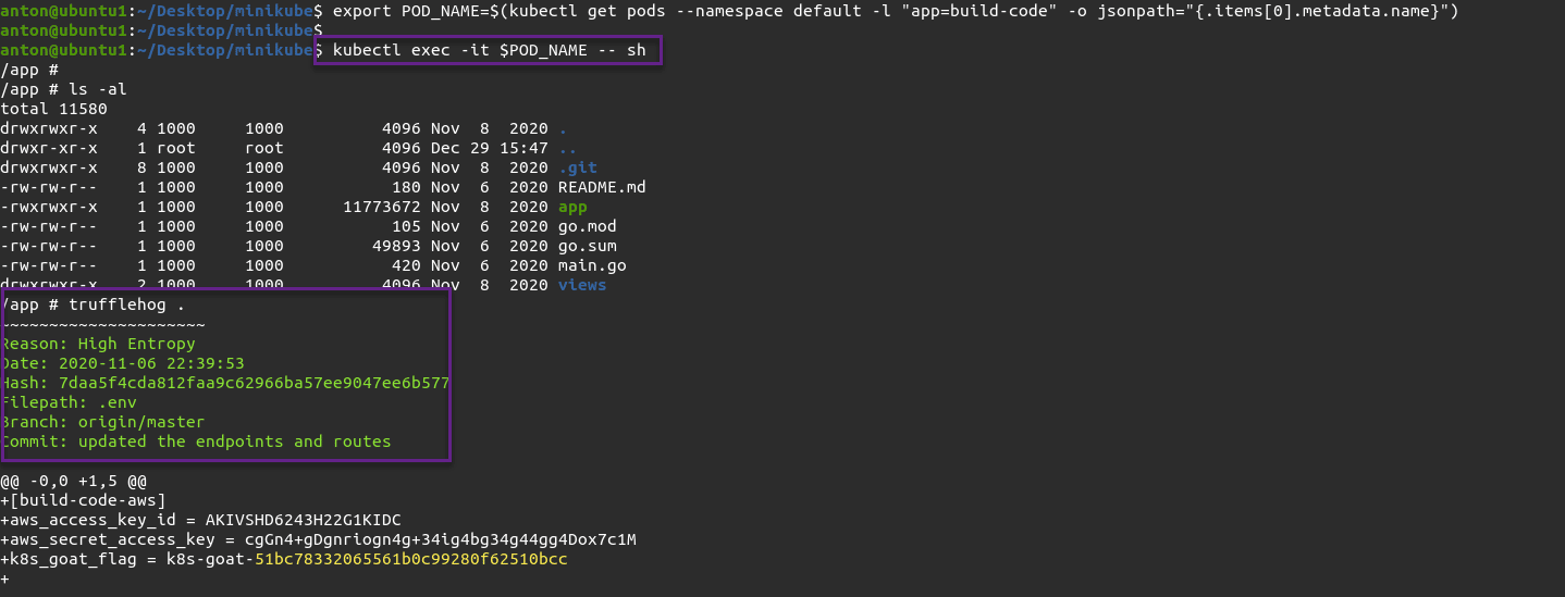 truffleHog revealing credentials in pod