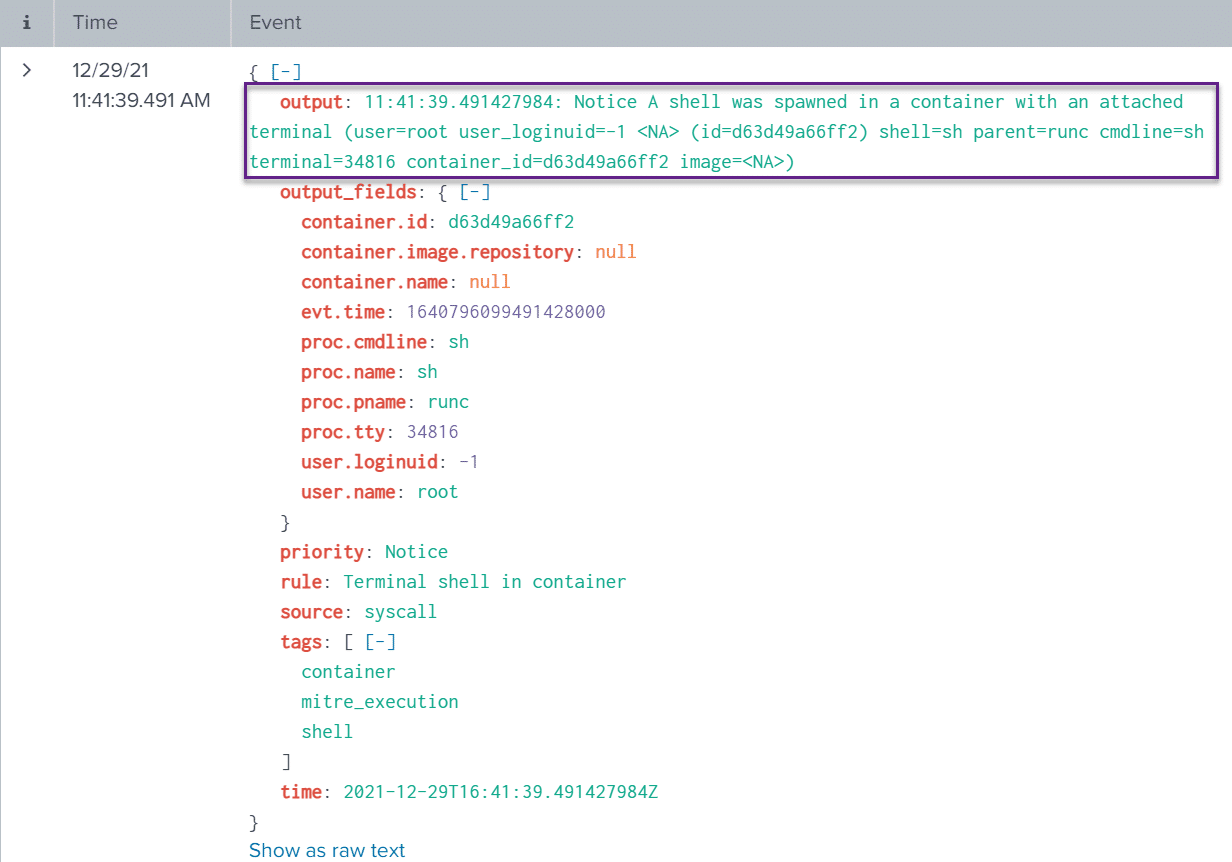 Raw Falco JSON alert output