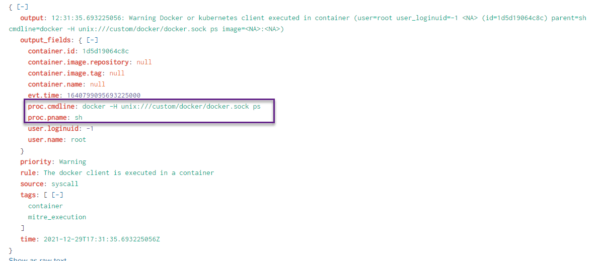 Falco alert for Docker client in container