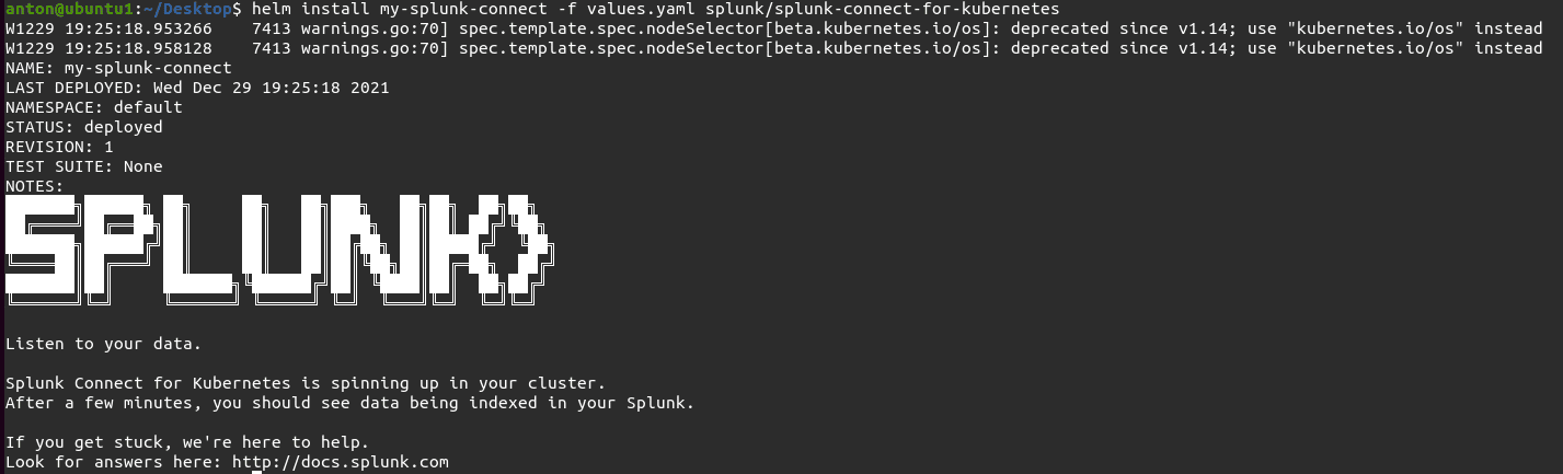 Splunk Connect for Kubernetes installation