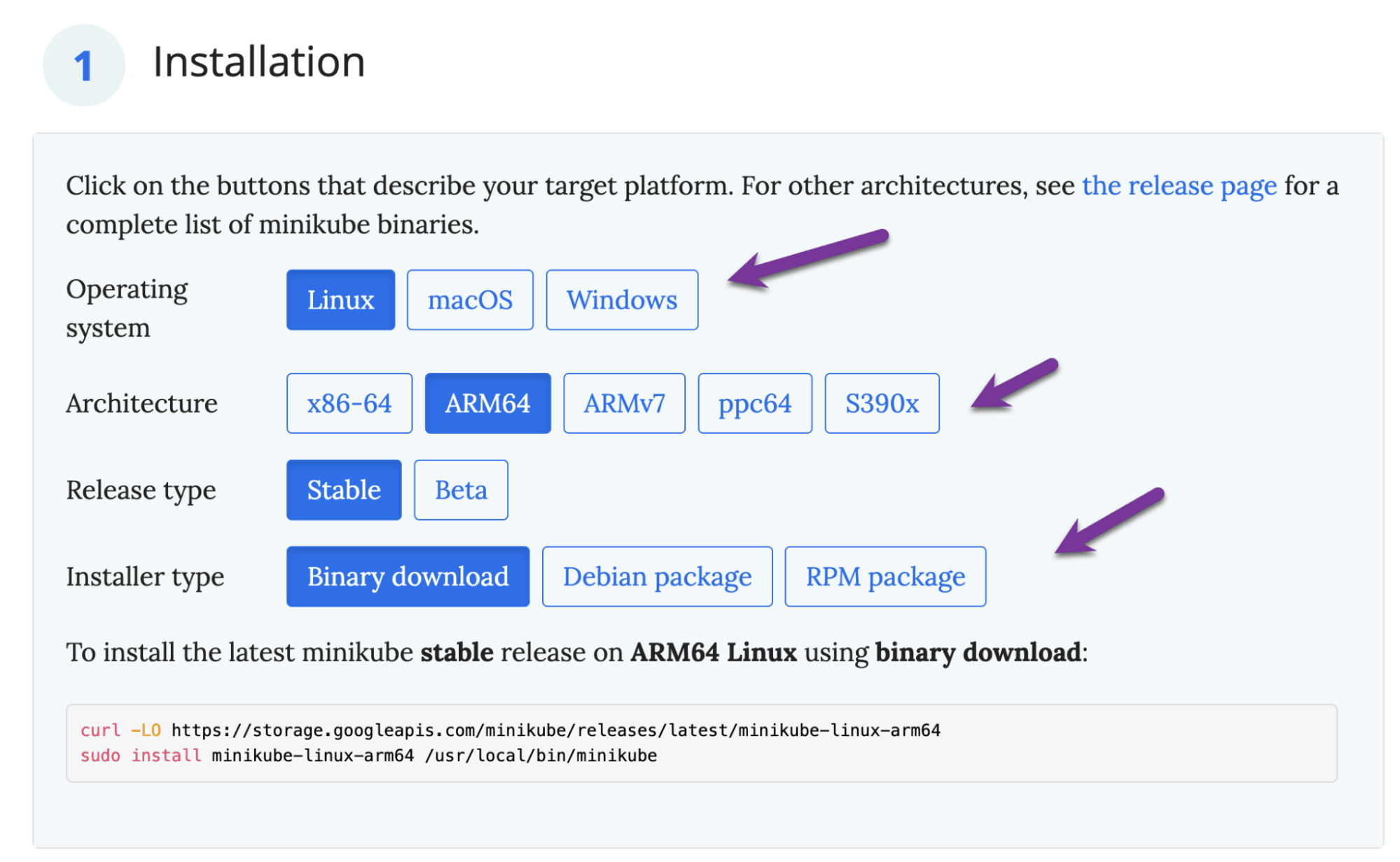 Minikube installation selector