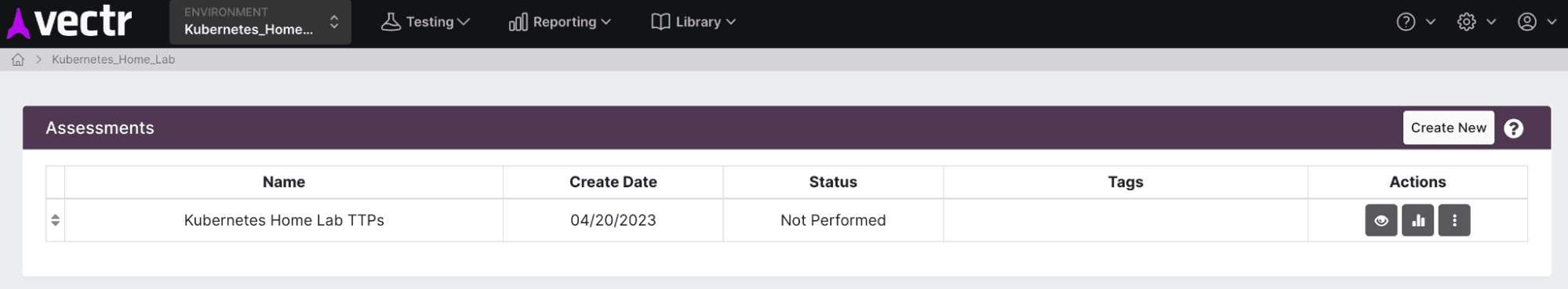 Vectr campaign and test case menu