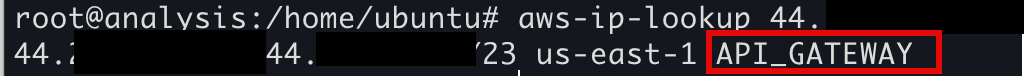 Output of aws-ip-lookup tool, demonstrating that the IPs found belong to the API Gateway service which is used for rotation of IP addresses.
