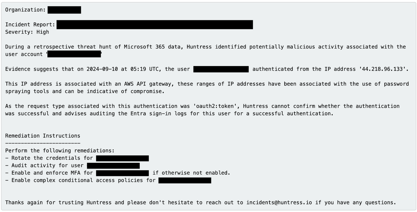 Huntress SOC report for a compromised identity.