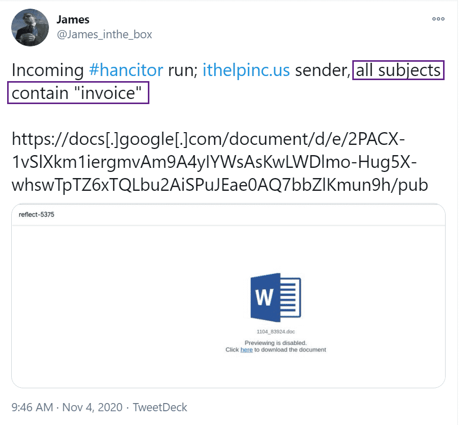 Twitter alert about Hancitor malware campaign