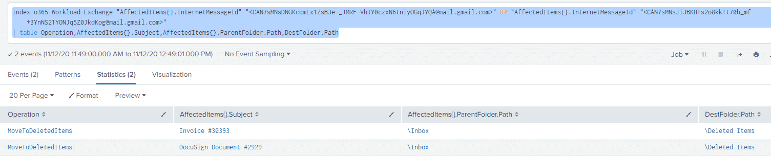 Office 365 Exchange logs showing operations