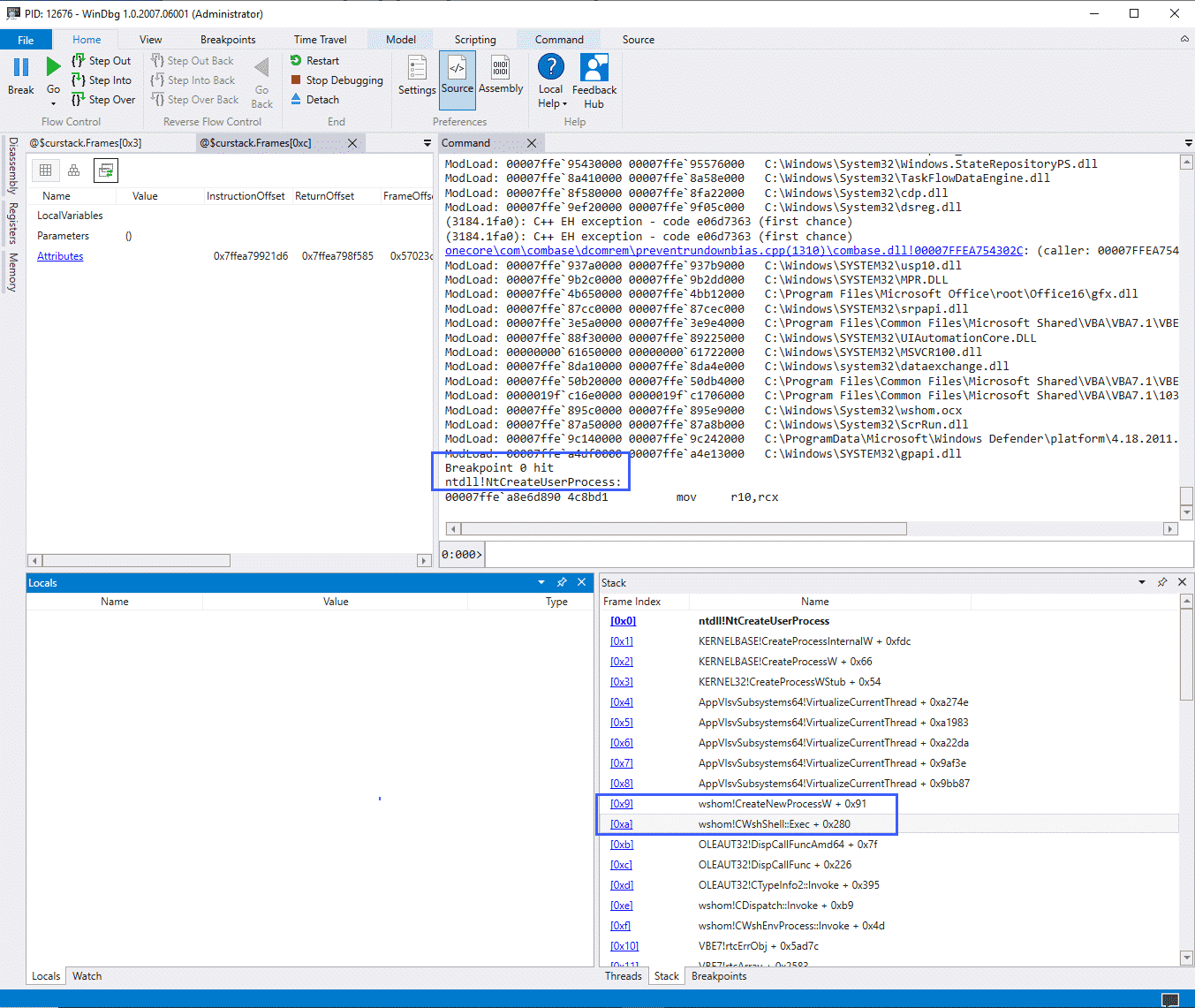WinDbg debugger with breakpoint on CreateUserProcess API