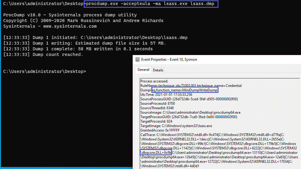 Sysmon alert for MiniDumpWriteDump detection