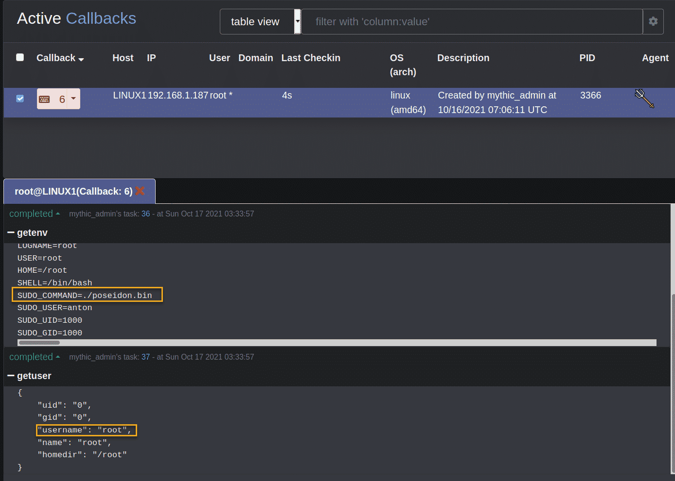 Mythic C2 framework interface