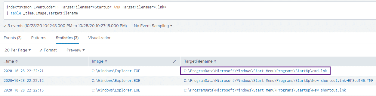 Sysmon FileCreate detecting startup shortcuts