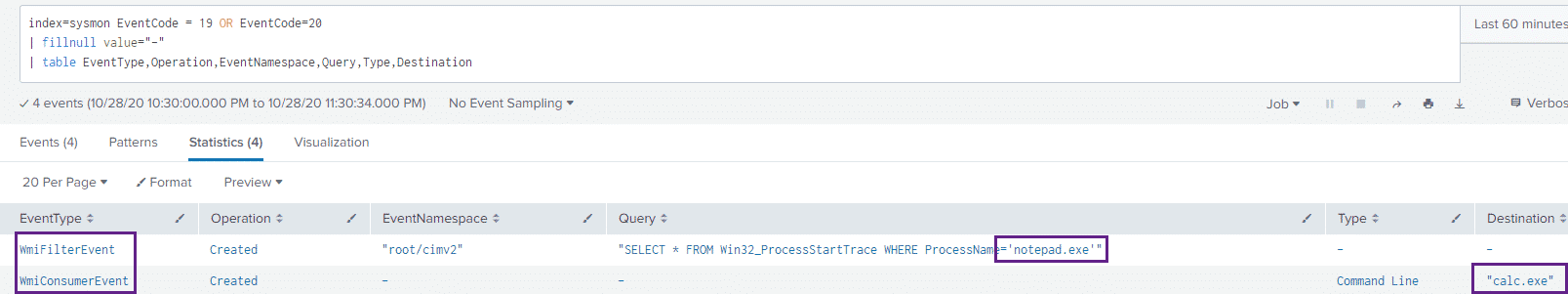 Sysmon WMI events showing Filter and Consumer creation