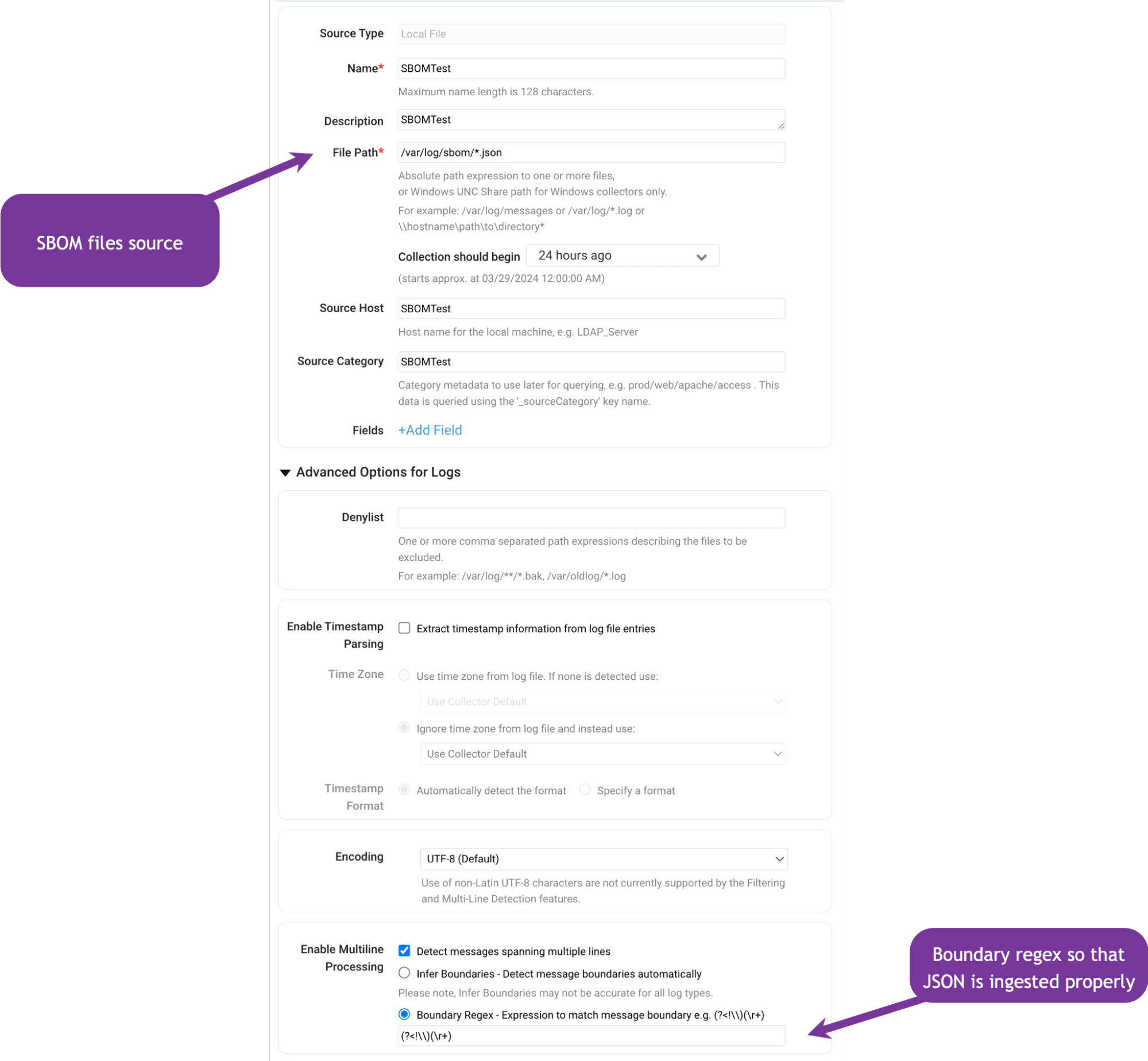 Collection configuration for SBOM files